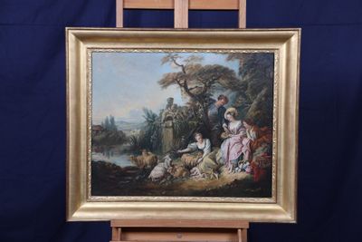 peinture sur chevalet représentant des personnages et des animaux dans un paysage