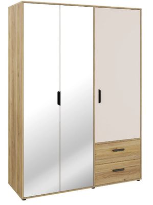 a white and wood wardrobe with mirror doors and drawers