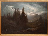 une peinture à l'huile représentant un paysage de montagne avec une rivière au premier plan et des arbres au premier plan