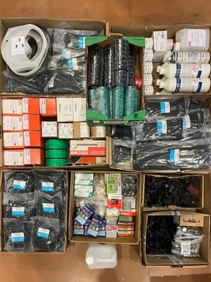 a box of assorted items sitting on the floor
