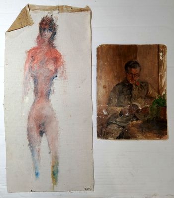two paintings of a man and a woman are hanging on a wall