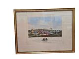 painting of a view of a town with a castle in the background
