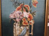 a painting of flowers in a vase with a bird on it