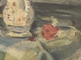 a painting of a vase and a bowl of fruit on a table