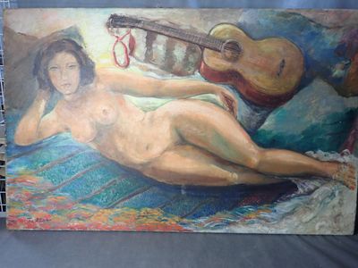 tableau représentant une femme allongée sur un lit, avec une guitare en arrière-plan