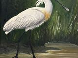 painting of a white bird with a long beak standing in a body of water