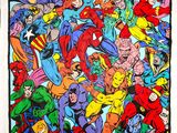 a close up of a painting of a bunch of superheros