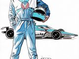 an illustration of a man in a racing suit standing next to a race car