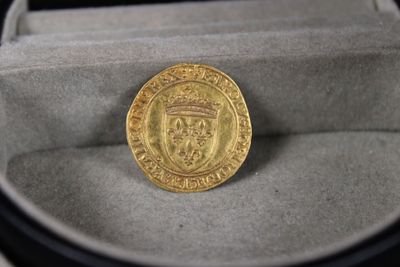 l'image d'une pièce d'or sur laquelle figure une couronne, dans un coffret