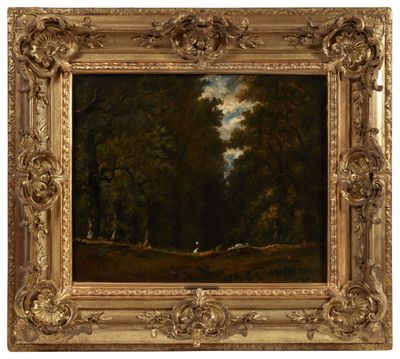 un tableau représentant un paysage boisé avec des personnages au loin