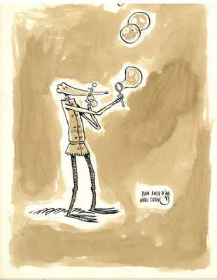 dessin humoristique représentant un homme en train de faire des bulles avec une raquette de tennis