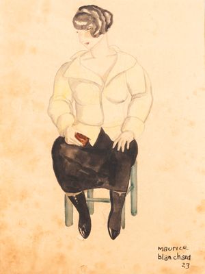 painting of a woman sitting on a chair with a cigarette in her hand