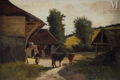 un tableau représentant deux vaches marchant sur un chemin de terre