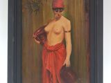 painting of a man in a red robe with a hat and a red scarf
