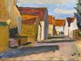 an oil painting of a street with houses and trees in the background