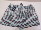 a close up of a pair of shorts with a blue and red pattern
