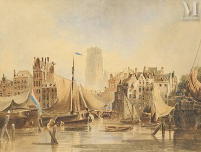 a painting of a harbor scene with boats in the water