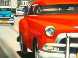 a painting of an old red car driving down the street