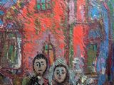 an oil painting of two people standing in front of a red building