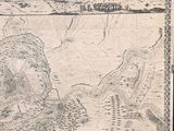 an old map of a city with a river in the middle of it