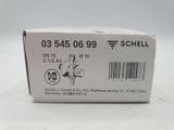a box of schell on a table with a barcode on it