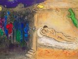 painting of a man laying on a bed in front of a group of people