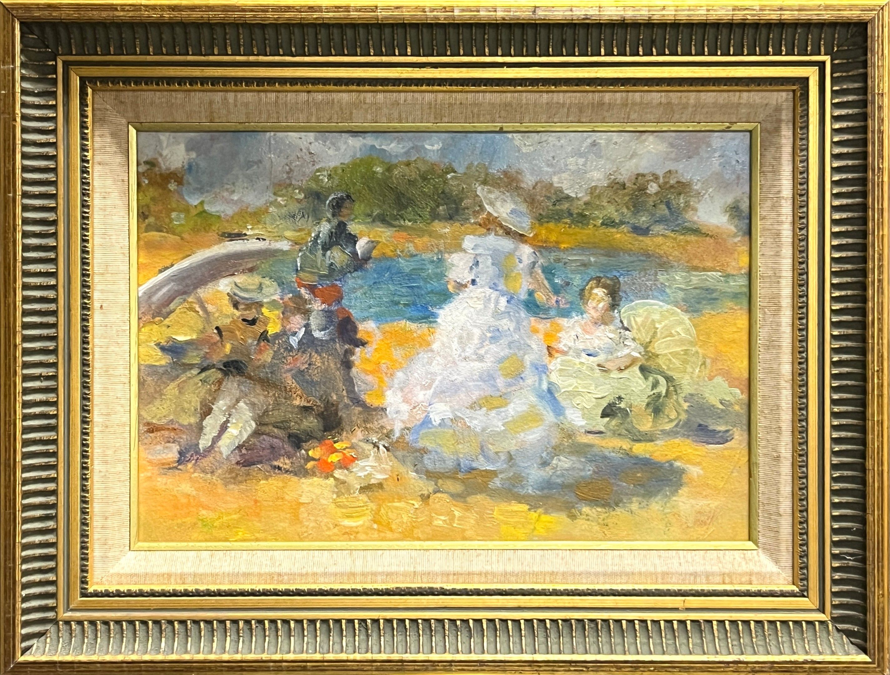 Attribué à Valentin GALIMOV (né en 1968). "Rencontre en bord de lac". Huile sur carton. Signé et titré au dos. 20 x 3...