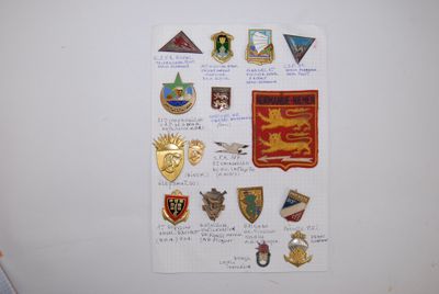 many different badges on the refrigerator door