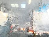 a painting of a fire in the corner of a room