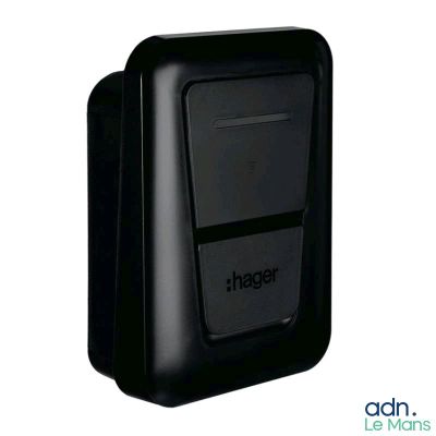 black paper towel dispenser on a white background with the word hager