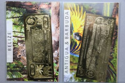 Lot de 2 billets doré à l’or : BELIZE 5 Dollars hibiscus ; Antigua & B - Photo 1