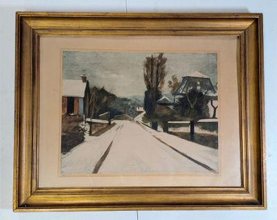 une peinture à l'huile représentant une route avec des maisons et des arbres en arrière-plan