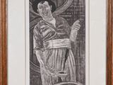 un dessin en noir et blanc représentant un homme tenant un couteau
