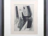 painting of a black and white picture of a person in a chair