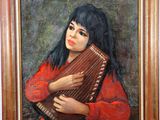 painting of a woman holding a musical instrument in front of a wall