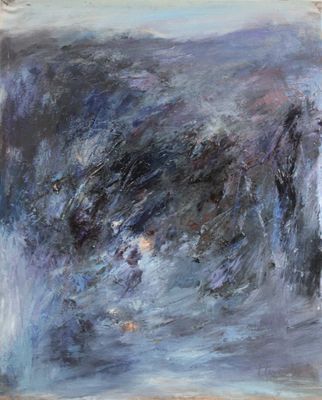 an abstract painting of a blue and grey landscape with a sky background