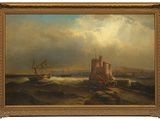 an image of a painting of a castle on a rocky shore