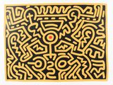 a black and yellow painting with a red dot in the center