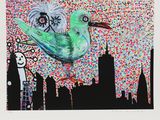 a painting of a bird that is flying over a city
