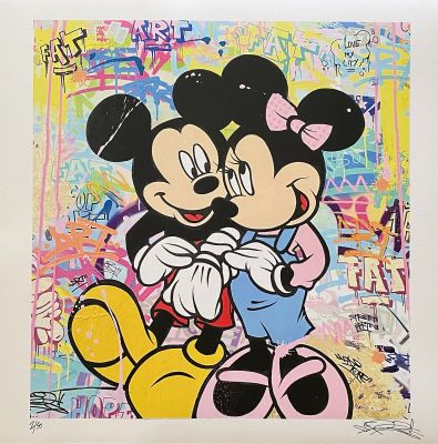painting of mickey and minnie hugging each other in front of a graffiti wall