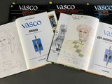 three books with drawings of a man in a hat and a woman in a dress