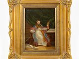 a painting of a woman sitting on a chair with a bird in her hand