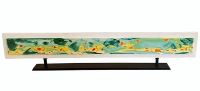 abstract painting on glass on a black stand on a white background