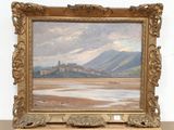 painting of a landscape with a castle in the distance and a body of water in the foreground