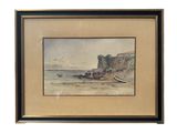 a painting of a beach scene with a boat in the water