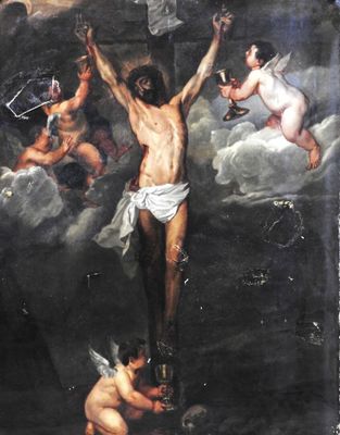 an image of a painting of jesus on the cross surrounded by angels