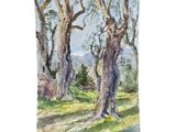 painting of trees in a field with a blue sky in the background