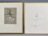 two framed drawings of a vase and a plant on a table