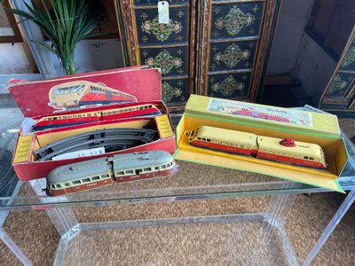 a glass table with a train set on top of it
