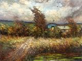 une peinture à l'huile d'un champ avec une maison au loin